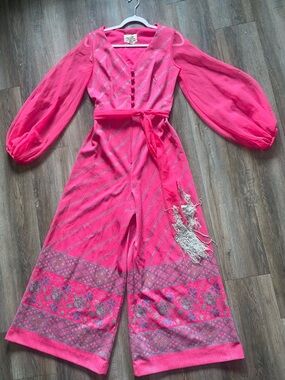 ALFRED SHAHEEN 1970’s Vintage Wide Leg Jumpsuit Pink/Silver Long Sleeve sz 10